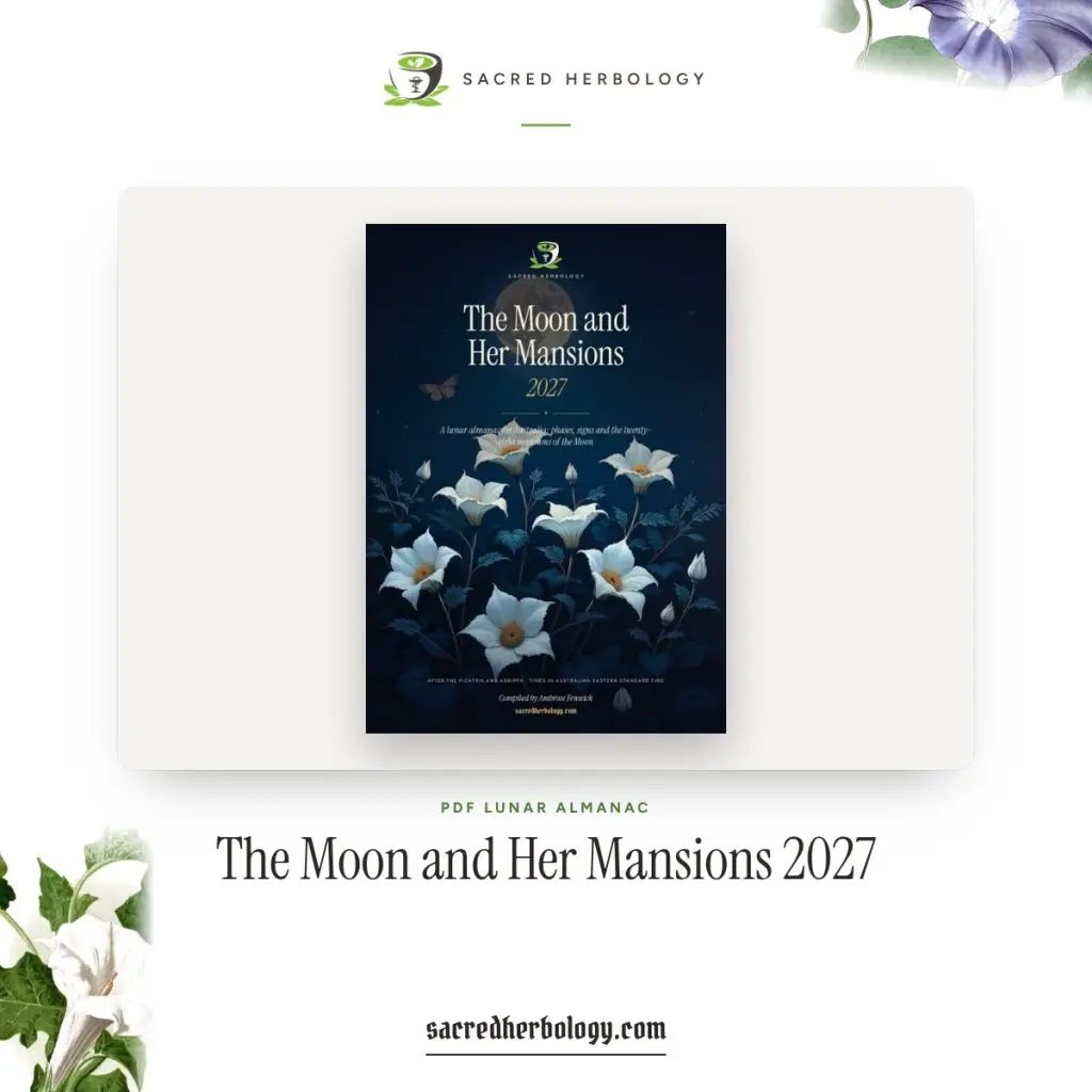 The Moon and Her Mansions 2027 PDF cover: white Datura flowers under a full Moon, Sacred Herbology